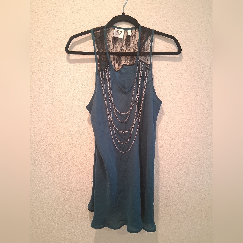 Chic Teal Lace Women's Blouse with Chain Detail